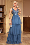 Grey Blue A Line Tiered V Neck Long Prom Dress with Appliques