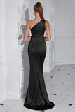 Black One Shoulder Mermaid Pleated Long Prom Dress with Slit