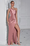 Black One Shoulder Mermaid Pleated Long Prom Dress with Slit