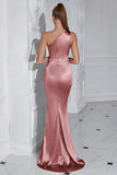 Black One Shoulder Mermaid Pleated Long Prom Dress with Slit