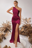 Black One Shoulder Mermaid Pleated Long Prom Dress with Slit