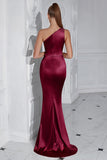 Black One Shoulder Mermaid Pleated Long Prom Dress with Slit