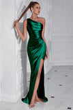 Black One Shoulder Mermaid Pleated Long Prom Dress with Slit