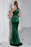 Black One Shoulder Mermaid Pleated Long Prom Dress with Slit