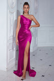 Black One Shoulder Mermaid Pleated Long Prom Dress with Slit