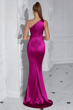Black One Shoulder Mermaid Pleated Long Prom Dress with Slit