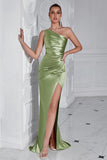 Black One Shoulder Mermaid Pleated Long Prom Dress with Slit