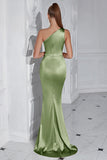 Black One Shoulder Mermaid Pleated Long Prom Dress with Slit