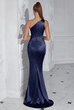 Black One Shoulder Mermaid Pleated Long Prom Dress with Slit
