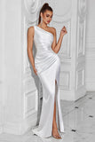 Black One Shoulder Mermaid Pleated Long Prom Dress with Slit
