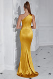 Black One Shoulder Mermaid Pleated Long Prom Dress with Slit