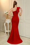 Red One Shoulder Mermaid Ruffled Long Prom Dress with Slit