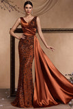 Sparkly Appliques Brown Mermaid Long Formal Dress