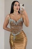 Spaghetti Straps Dark Golden Mermaid Corset Long Satin Prom Dress with Rhinestones