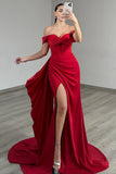 Off The Shoulder Red Mermaid Corset Long Prom Dress with Slit