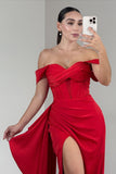 Off The Shoulder Red Mermaid Corset Long Prom Dress with Slit