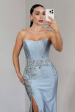 Grey Blue Mermaid Strapless Corset Long Prom Dress with Slit