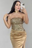 Sparkly Golden Strapless Mermaid Long Prom Dress with Slit