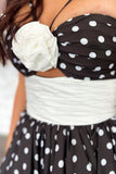 Black White Dot Spaghetti Straps Ruffled A-Line Long Prom Dress with 3D Flower