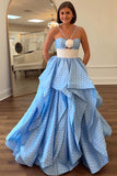 Blue White Dots A Line Long Prom Dress with Ruffles