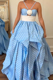 Blue White Dots A Line Long Prom Dress with Ruffles