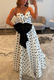 Sweetheart A-Line Black White Dot Long Prom Dress with Bow