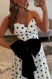 Sweetheart A-Line Black White Dot Long Prom Dress with Bow