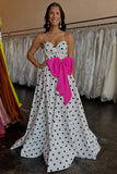Sweetheart A-Line Black White Dot Long Prom Dress with Bow