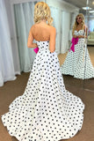 Sweetheart A-Line Black White Dot Long Prom Dress with Bow