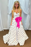 Sweetheart A-Line Black White Dot Long Prom Dress with Bow