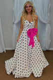 Sweetheart A-Line Black White Dot Long Prom Dress with Bow