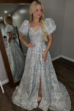 Grey Blue Jacquard A-Line Puff Sleeves Long Prom Dress with Slit