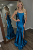 Dark Blue Spaghetti Straps Corset Sheath Long Prom Dress with Slit