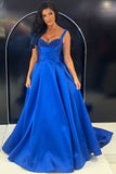 Royal Blue Sweetheart A-Line Beaded Long Prom Dress with Bow