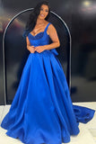 Royal Blue Sweetheart A-Line Beaded Long Prom Dress with Bow