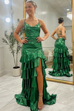 Metallic Dark Green Spaghetti Straps Ruffled Sheath Long Prom Dress with Slit