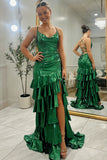 Metallic Dark Green Spaghetti Straps Ruffled Sheath Long Prom Dress with Slit