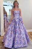 Purple Strapless A-Line Floral Long Prom Dress with Bow