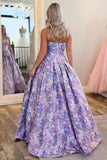 Purple Strapless A-Line Floral Long Prom Dress with Bow