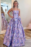 Purple Strapless A-Line Floral Long Prom Dress with Bow