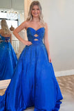 Royal Blue Strapless A-Line Beaded Long Prom Dress with Keyhole
