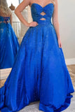 Royal Blue Strapless A-Line Beaded Long Prom Dress with Keyhole