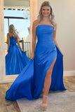 Royal Blue Strapless Beaded Long Satin Prom Dress with Slit