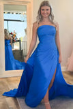 Royal Blue Strapless Beaded Long Satin Prom Dress with Slit