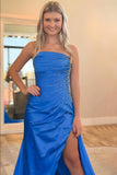 Royal Blue Strapless Beaded Long Satin Prom Dress with Slit