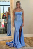 Sparkly Blue Strapless Mermaid Corset Long Prom Dress with Slit