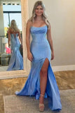 Sparkly Blue Strapless Mermaid Corset Long Prom Dress with Slit