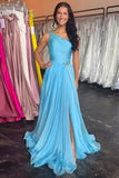 One Shoulder Beaded Blue A-Line Long Prom Dress with Slit