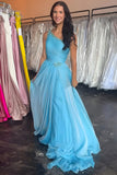 One Shoulder Beaded Blue A-Line Long Prom Dress with Slit