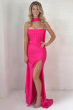 Fuchsia Strapless Corset Sheath Long Prom Dress with Slit